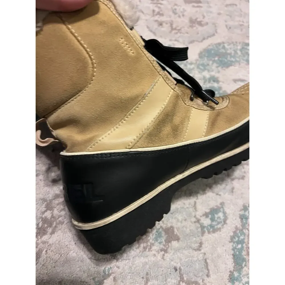 SOREL Women's US 9 Waterproof Tan Black Insulated Mid Calf Boots Fur Top